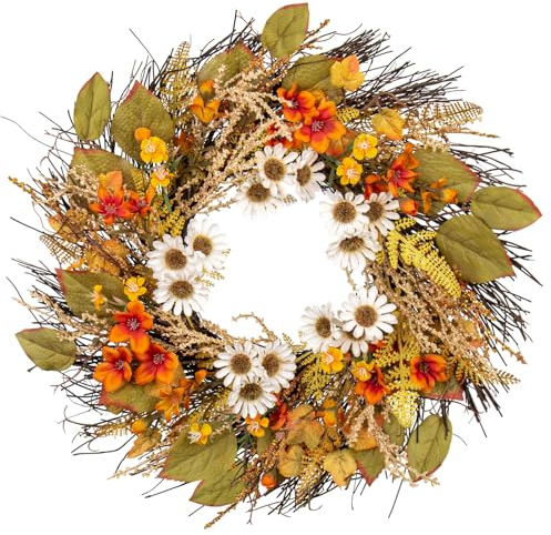 Oairse Artifiial Autumn Wreath 20inch/50cm Front Door Wreath Fall Floral Wreath with Daisy Flower, Fern Maples Leaves, Wildflowers for Autumn Decorations Home Wall Hanging Thanksgiving Festival Decor