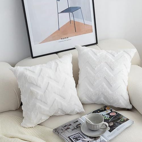 Melldrry 2er Set Wolle Kissenbezüge Dekokissen Polyster Sofakissen Weich Couchkissen Kissenbezug Zierkissenbezug Versteckter Reißverschluss für Wohnzimmer Schlafzimmer Weiß 50x50cm