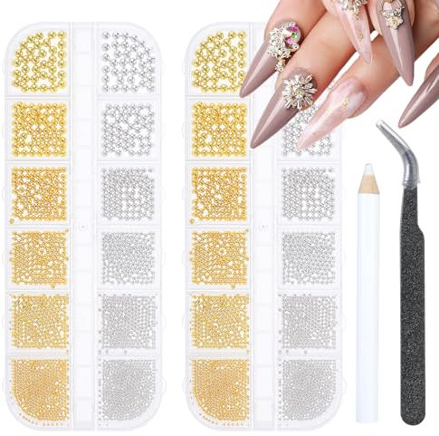 2 Stück 3D Perlen Nägel Beads Nagel Perlen Edelstahl Perlen Gold und Silberne Kaviar Charms Nägel Mini Strasssteine Nägel Set mit Pinzette und Stift