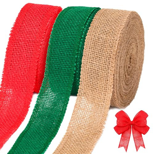 jijAcraft Juteband Rrolle 4cm Breit, 10M Burlap Vintage Geschenkband Weihnachten, Sackleinen Decoband für DIY Handwerk, Weihnachten, Geschenk, Hochzeit, Esstisch Dekoration (Rot,Grün und Braun)