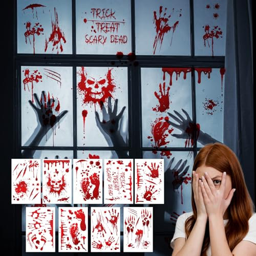 Amaxiu Halloween Dekorationen für Fenster, 95 Stück/9 Blätter Blutige Bilde Handabdrücke Fußabdrücke Horror Handabdruck Fußabdruck Wandaufkleber Gruselige Aufkleber für Partys Heimdekoration
