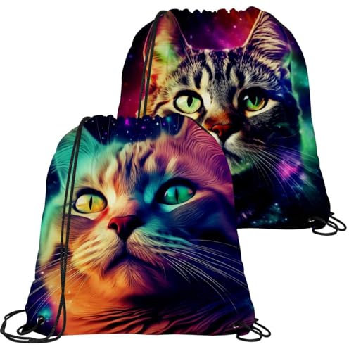 Luoweisi Turnbeutel mit Kordelzug, großer Sportrucksack, Kordelzug, für Damen und Herren, Reisen, Strand, Schule, Katze, 2 Stück, Mehrfarbig 1, One size