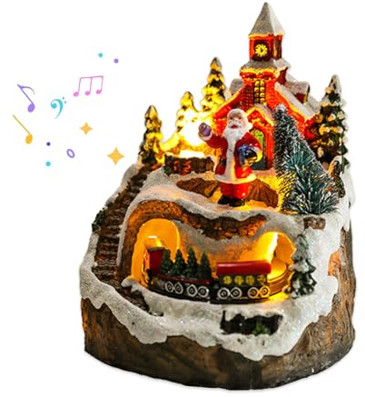 RXMORI Casa Illuminata del Villaggio di Natale,Edificio del Villaggio di Natale con Treno in Movimento,Pupazzo di Neve,Luci a LED e Musica,Decorazione per Interni della (Stile