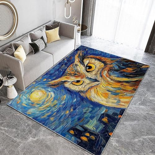 Teppich Wohnzimmer Ölgemälde Sternennacht Eule Teppich Flauschig Schlafzimmer Teppich Weich Esszimmer Teppich, Kurzflor Outdoor Teppich, Waschbarer Teppiche, Rutschfest Teppich, 120 x 170 cm