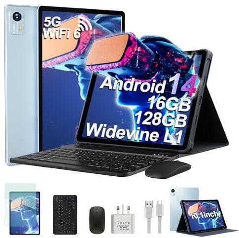 Bvlary Tablet 2025 Newest 10.1 Inch Android 14 tablet, 16GB RAM+128GB ROM (TF 1TB), Octa Core, 2.4GHz+5G WIFI 6,Widevine L1|8000mAh |Bt 5.0 |GMS |Type-C |13+8MP|Tablet with Keyboard & Mouse - blue