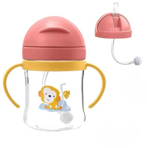 Neo10Ten Sippy Cup for 6+ Months, Leak-Proof Toddler Water Bottle with Straw, Toddler Cup BPA-Free Non Spill Water Bottle Kids Trainer with Handles, Ideal Baby/Toddler Drinking [Dark Pink, 250ml]