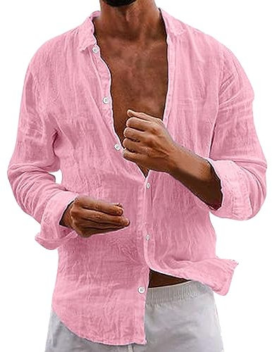 Chemise à manches longues en coton et lin à simple boutonnage pour homme - Couleur unie - Taille L, rose, M