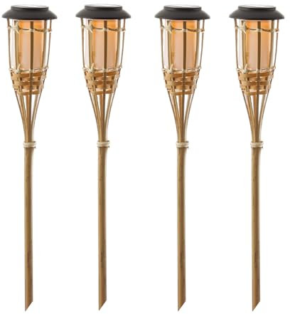LED Solar Gartenfackel Bambus Solarfackeln Bambus Fackel für Terrasse Gartenbeleuchtung H: 60cm mit Dämmerungssensor (4 Stück)