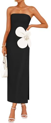 ZESICA Women's Summer Strapless Bodycon Maxi Dress 2026 Ribbed Knit Backless Floral Tube Cocktail Party Long Dresses,Black,Medium