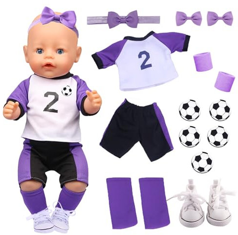 Puppenkleidung für 12-14 Zoll Baby Puppen, 14 Fußball Puppen Kleidung Zubehör mit Shirt Shorts Socken Schuhe Stirnband Haarspange Fußball Aufkleber für 30-35 cm Neu Baby Puppe Kleidung Geschenk