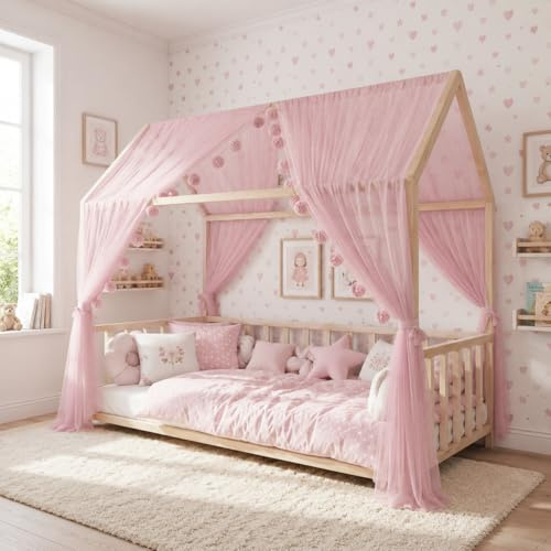 Baby Fancyroom Betthimmel für Hausbett, Bettvorhang aus Tüll, Beige, 2er Set mit Schleifen und Pompomgirlande, Baldachin für Kinderbett Mädchen (Rosa, 360cm, mit Pompomgirlande)