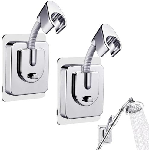 Lot de 2 supports de pommeau de douche sans perçage - Ventouse réglable à 360 ° - Support de pommeau de douche autocollant puissant avec adaptateur en silicone pour salle de bain