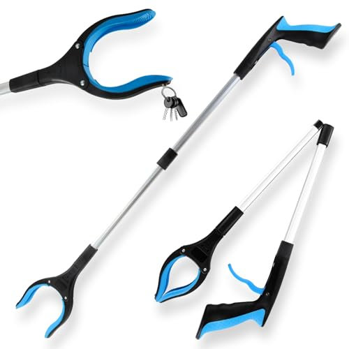 LINKINNO Faltbare Greifzange mit Magnet, Aluminium Müllzange Ergonomischer Greifer mit starkem Griff, Extra Langer Greifarm und 360° Drehkopf für Senioren(82cm, Blau)