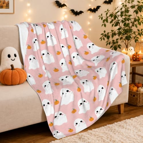 FestiKiva Halloween Kuscheldecke mit Geistern & Kürbissen für Sofa & Bett | für Kinderzimmer, Halloween-Kürbis