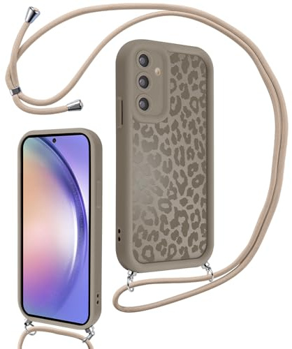 Xylota Handyband für Samsung Galaxy A54 5G Hülle mit Band, Silikon Aesthetic Leopard Muster Design Handyhülle mit Kette Kordel Schlüsselband, Schutzhülle für Samsung A54 5G 6,4'' zum Umhängen, Braun
