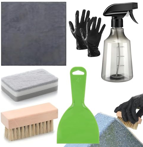 Qkbuza Grabstein Reinigungsset,Reinigungsset | Tuch Handschuhe Bürste Sprühflasche Schaber Für Steinpflege Gedenkstätten Friedhofsunterhalt Denkmalpflege Historische Stätten