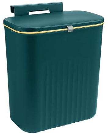 9L Kitchen Bin Hanging Trash Bin with Odor Lock Lid Slim Under Sink Garbage Can for Kitchens Food Waste Caddy Fits Cabinet Doors Green