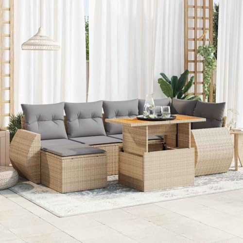 QJBSAVVA 7-TLG. Rattan Gartenmöbel Set Beige Polyrattan Sitzgruppe mit höhenverstellbarem Esstisch 100x55 cm inkl. Auflagen für Balkon Terrasse Garten Lounge