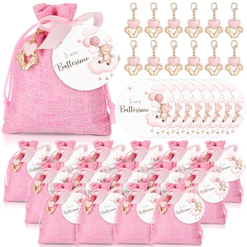 BBTO Set di Regali per il Baby Battesimo, Orso, Rosa, 30 Set | Biglietti di Il Mio Battesimo Portachiavi Sacchetti con Coulisse per Baby Shower Bomboniere Nascita