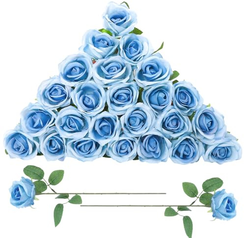 saerryor 24 Pcs Sky Blue Artificial Roses Fake Flowers with Long Stem | Real Touch Silk Roses Bulk for Wedding,Party,Table Centerpieces Bouquet,Bridal,Home Decor