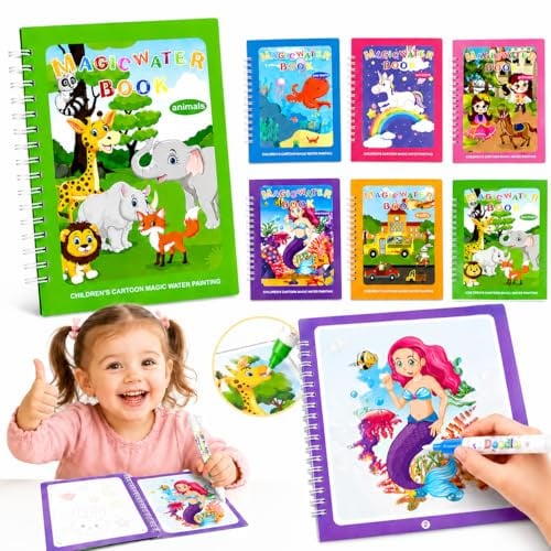 Tangdudu 6 pc Livre Coloriage eau Magique Réutilisable Livre Coloriage Magique avec 6 Stylo à eau, Jouets Educatifs Sans Salissures Jouets de Voyage Livre d'Activités pour Garçons et Filles 3 2 1