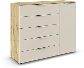 Rauch Möbel Flipp, Kommode, Farbe Beige/Eiche Artisan, Breite 120 cm | Sideboard, 1-türig, 5 Schubladen, Soft-Close-Funktion, für Schlafzimmer, Gästezimmer, Wohnzimmer, Garderobe, Flur