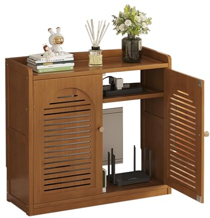 LEMYAHCH Bamboo Router Shelf, WiFi Router Storage Cabinet for DVD Players Game Consoles, Floor Standing WiFi Hidden Box, Cable Management Storage Rack for Home Office(Color:Brown)