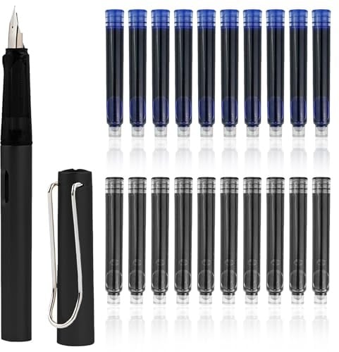 PENGCHE Füller, Auswischbarer Füller mit Ergonomischem Griff und Edelstahlfeder, Inklusive 10 schwarzen & 10 blauen Tintenpatronen, Glatte Schreibweise für Schule & Büro