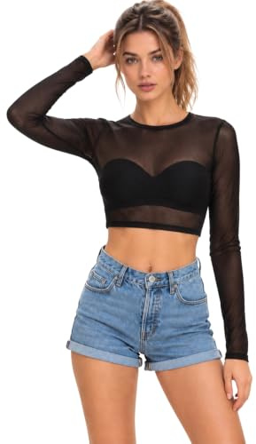 STAR FASHION Women’s Sheer Mesh Crop Top Long Sleeve See Through Top Ladies Stretchy Crew Neck Cropped Clubwear Party Festival Top UK Size 8 to 14