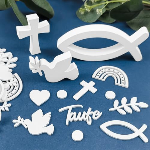 Streudeko Taufe, Holz Tischdeko Taufe Deko Junge & Mädchen | Fisch Taube Kreuz Motiv-Mix, Geeignet für Kommunion, Firmung und Babyshower mit Fisch-Motiven