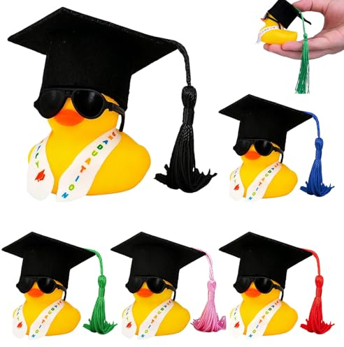 PYRUVAE Set di 5 Papere di Gomma per Laurea con Tocco, Gadget Laurea Divertenti e Originali per Ragazzo e Ragazza, Decorazioni Auto e Scrivania, Regalo Laurea Simpatico, 10x10x7cm