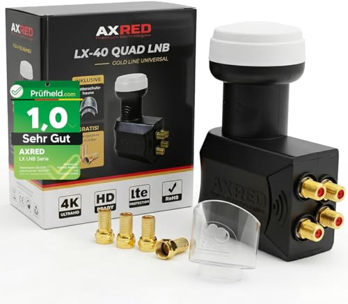 [ Test SEHR GUT, Note 1.0 *] AXRED Quad LNB + Wetterschutzhaube + 4X F-Stecker, Digital 4Fach 4K HD LMB für 4 Teilnehmer mit Wetterschutz, für Fernseher Sat Receiver Satellitenschüssel, LNC