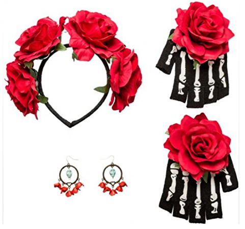 Mexikanerin Accessoire La Catrina Kostüm Set Haarreif, Ohrringe, Handschuhe Schmuck Mexikanisches Totenfest Kostümzubehör Dia de los Muertos Totenkopf Dark Fashion Tag der Toten Halloweenkostüm