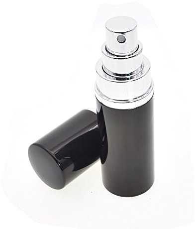 Dolovemk - Botella atomizador de 25 ml de aluminio vacía con tapas, rellenable de viaje, atomizador de perfume de niebla fina para aceites esenciales/aromaterapia, uso después del afeitado+1 embudo (negro)