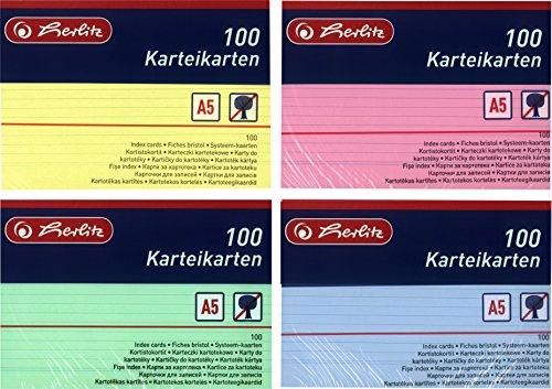 Herlitz Karteikarten A5, 170 g/m², holzfrei, 100er Packung, liniert (Gemischte Farben, 4 Packungen)