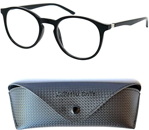Klassische Nerd Anti Blaulicht Brille, Lesebrille mit Großen Runden Transparenten Gläsern mit Etui, Kunststoff Rahmen (Schwarz), Blaulichtfilter Brille Damen und Herren +2.0 Dioptrien