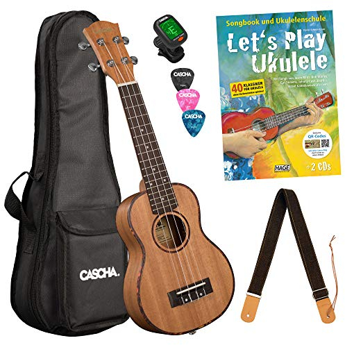 Cascha Sopran Ukulele Set Kinder Erwachsene I Ukulele Starter Kit 3 Plektren Tasche Gurt Lehrbuch Stimmgerät I Sopran Ukulele Premium Mahagoni I Kleine Hawaii Gitarre für Anfänger Fortgeschrittene