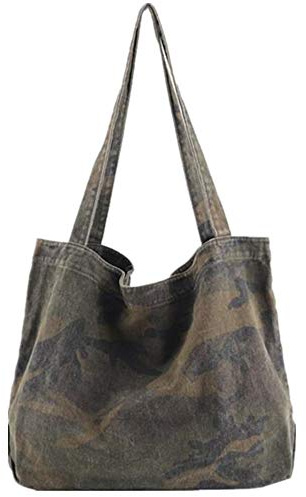 Damen Vintage Canvas Camouflage Tote Schultertasche Einkaufstasche Handtasche, Grün , Medium
