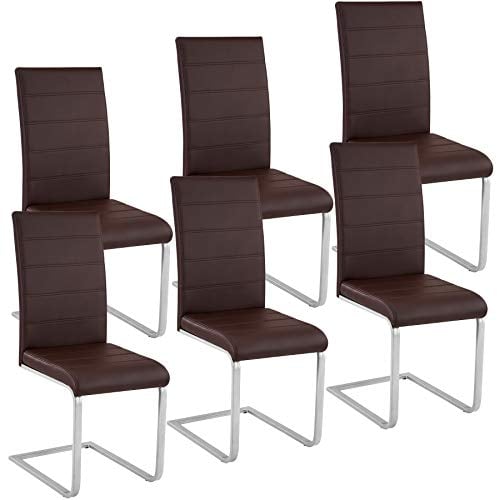 tectake Freischwinger Schwingstuhl, Stuhl 6er Set, Moderne Esszimmerstühle oder Küchenstühle mit strapazierfähigem Kunstleder Bezug - braun