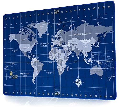 digitCUBE Schreibtischunterlage Weltkarte Kompass auf deutsch - Schreibunterlage 90x40 cm (Blau)