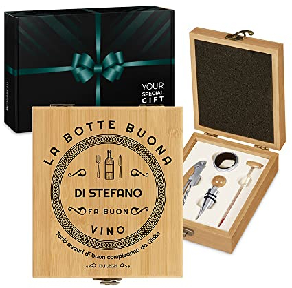 Maverton Set Cavatappi da Vino - Kit da Sommelier Degustazione Perfetta Personalizzato - Scatola in Legno di bambù + 4 Pezzi di Accessori Vino - Regalo Uomo - La Botte