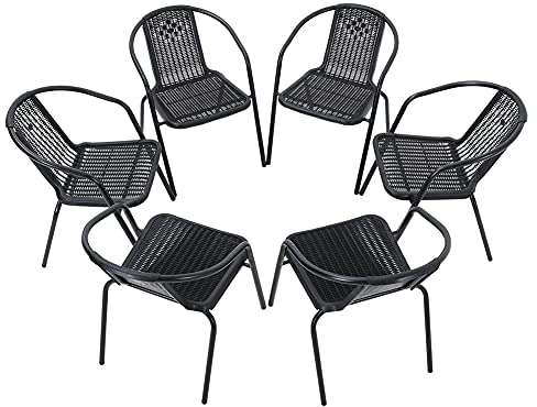 DKIEI 6 Pcs Stackable Garden Bistro Chairs - Rattan Woven Seat, Metal Frame, Black, 72 * 56 * 54.5cm