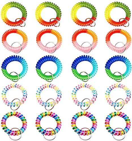 Bunte Feder-Handgelenkspule, Schlüsselanhänger, Regenbogen-Spiralspirale, elastisches Stretch-Schlüsselanhänger, Schlüsselanhänger für Fitnessstudio, Pool, Ausweis, bunt, 20 Stück