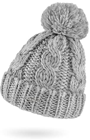 Neverless® Damen Mütze Grobstrick Strick-Bommel Pudelmütze Zopfstrickmuster Wintermütze Umschlag Hellgrau Unisize