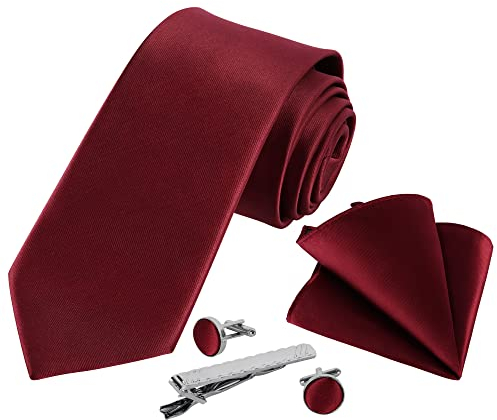 Beaface Men Ties Set, Burgundy Red Ties for Wedding Business, Men's Ties and Pocket Square Cufflinks Tie Clip 5 PCS Set (Burgundy)
