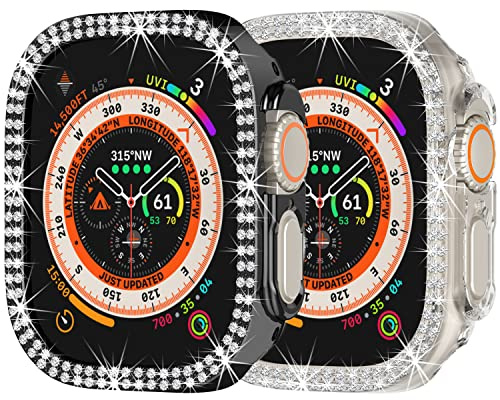 Kompatibel mit Apple Watch Ultra 3 /Ultra 2 /Ultra 49mm Doppelreihe Bling Diamond Hülle PC Stoßfänger Schutzhüllen Frauen Mädchen Kristall Glänzende Strass Smartwatch Zubehör (Klar+schwarz)