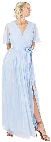 Anaya with Love Ladies Maxi Dress for Women V Neckline Short Sleeve Frilly Long Empire Waist for Wedding Guest Bridesmaid Maid of Honour Light Blue Size 22