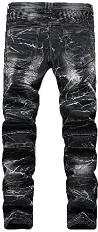 Men's Fashion Biker Jeans with Zipper Pockets Slim Fit Stretch Straight Leg Ripped Skinny Washed Distressed Comfort Denim Pants Bermuda Jeans