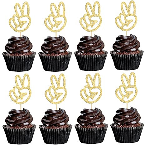 Gyufise 24 Stück Peace-Zeichen Hand Cupcake Toppers Peacekeeper Cupcake Picks Gold Glitter Peace Sign Cake Topper Hand Peace Zeichen Kuchen Dekoration für 2. Geburtstag Frieden Motto Party Jahrestag