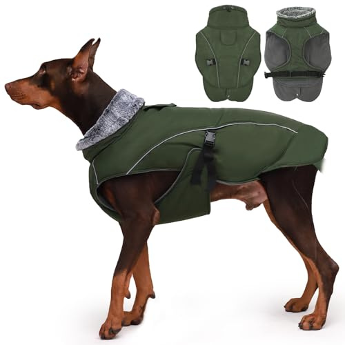 DENTRUN Wasserdichter Hundemantel für Große Hunde, Winterjacke Warm Mit Bauchschutz, Fleece Gefüttert (Armeegrün, 3XL)